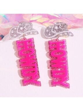 Howdy Pink Glitter Glitter Glam Hat Dangle Earrings